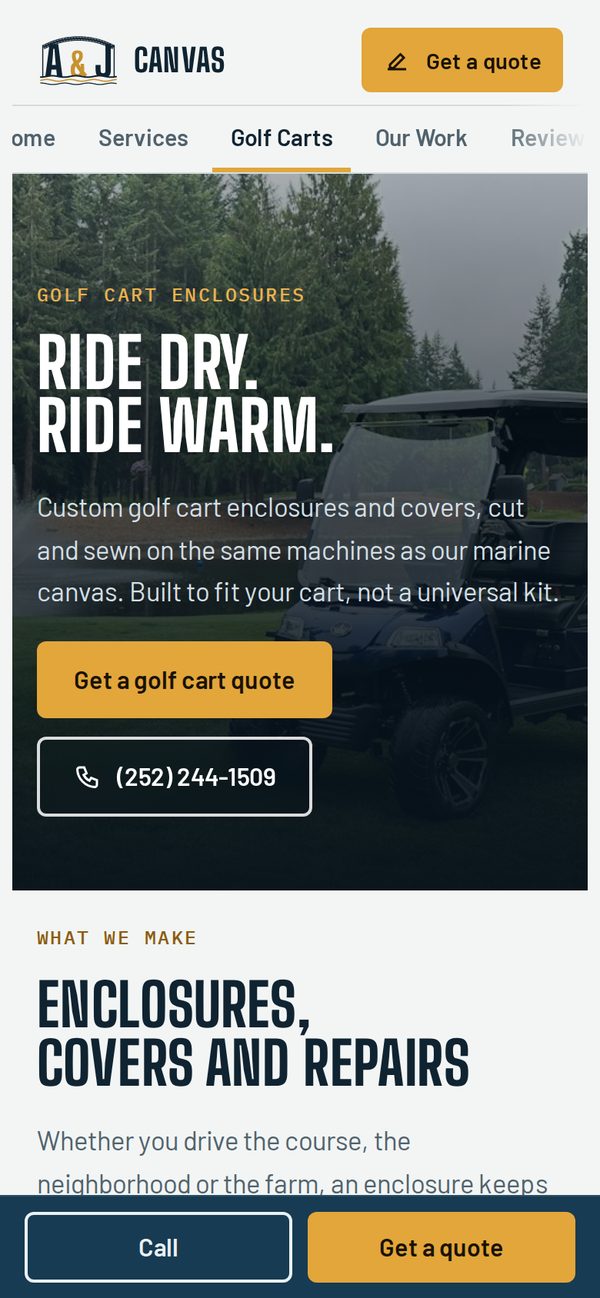 Golf cart enclosures page on a phone