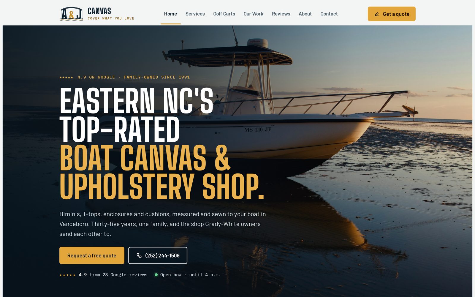 Home page of ajcanvasnc.com: Eastern NC's top-rated boat canvas and upholstery shop